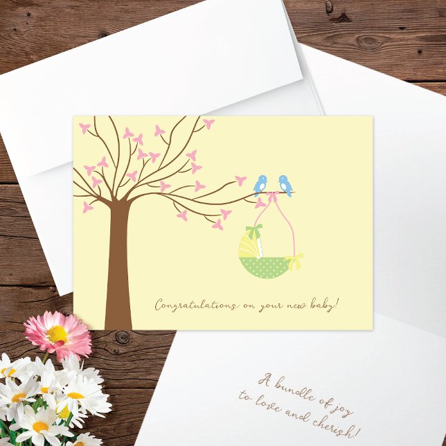 Bluebirds Cherry Tree Newborn Congratulations Card (Creator Uploaded)