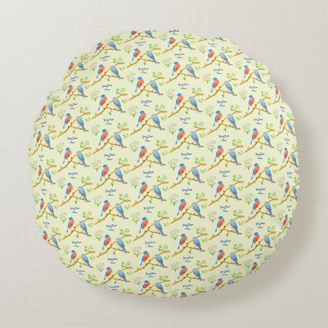 Bluebirds Coussin Rond Avec Texte Pale Jaune (Devant)