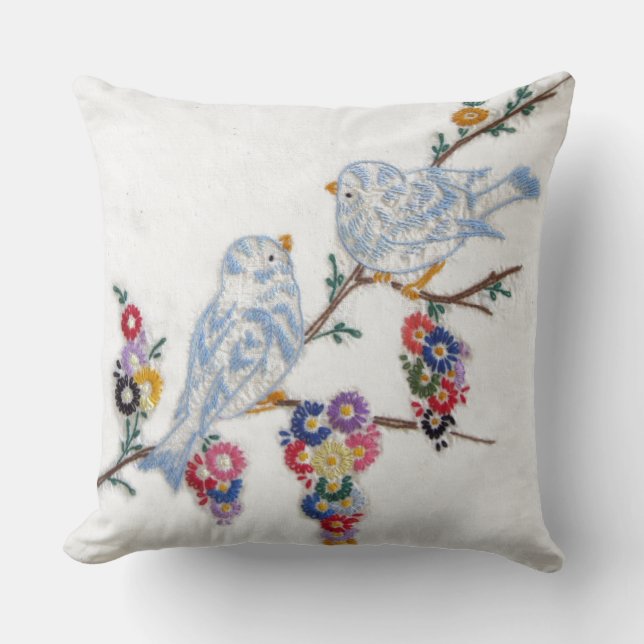 Bluebirds Embroidered by Alice Flynn Throw Pillow (Front)