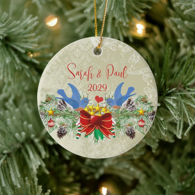 Bluebirds Garland Pinecones Christmas & Photo Ceramic Ornament (Tree)