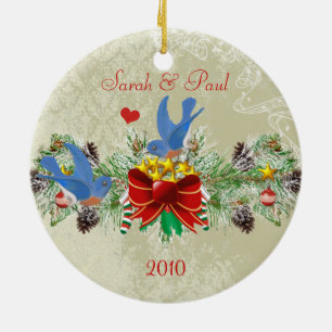 Bluebirds Garland Pinecones Christmas & Photo Ceramic Ornament