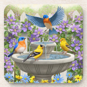 Bluebirds Goldfinches and Fountain Birdbath Coaster
