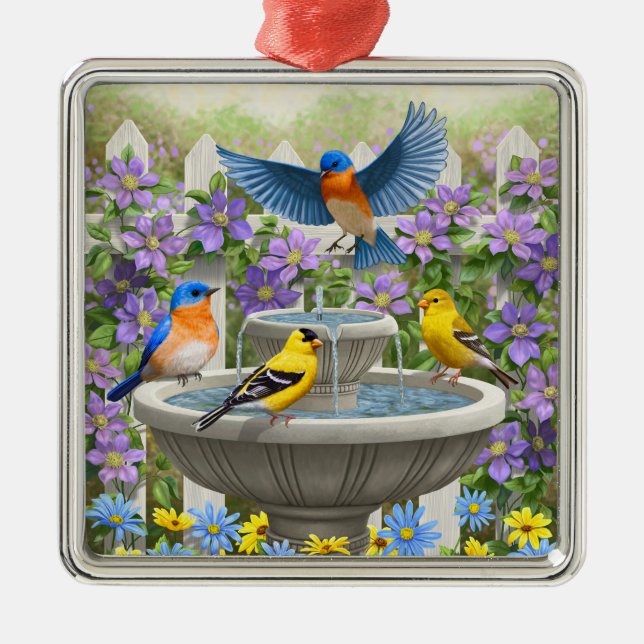 Bluebirds Goldfinches and Fountain Birdbath Metal Ornament (Front)