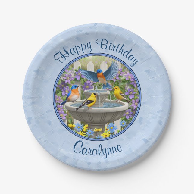 Bluebirds Goldfinches Birdbath Blue Paper Plate (Front)