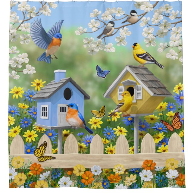 Bluebirds Goldfinches Birdhouses Flower Garden (Front)