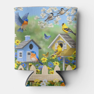 Bluebirds Goldfinches Birdhouses Flower Garden Can Cooler