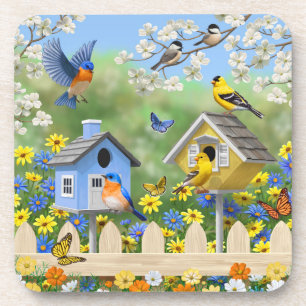 Bluebirds Goldfinches Birdhouses Flower Garden Coaster