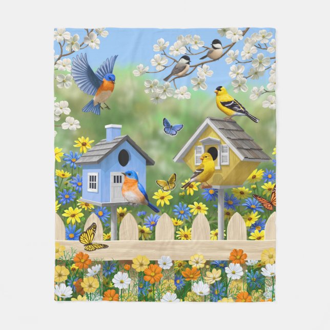 Bluebirds Goldfinches Birdhouses Flower Garden Fleece Blanket (Front)