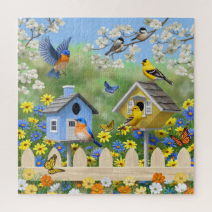 Bluebirds Goldfinches Birdhouses Flower Garden Jigsaw Puzzle
