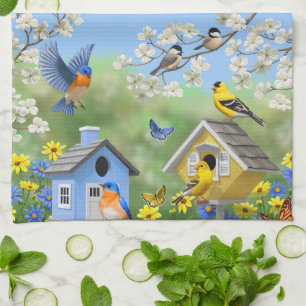 Bluebirds Goldfinches Birdhouses Flower Garden Kitchen Towel