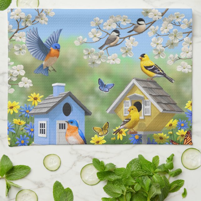Bluebirds Goldfinches Birdhouses Flower Garden Kitchen Towel (Folded)