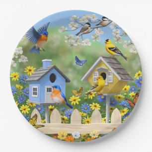 Bluebirds Goldfinches Birdhouses Flower Garden Paper Plate