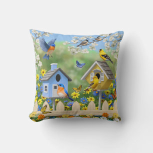 Bluebirds Goldfinches Birdhouses Flower Garden Throw Pillow