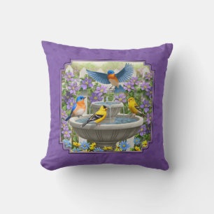 Bluebirds Goldfinches Flower Garden Bath Purple Throw Pillow