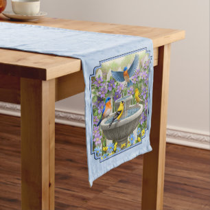 Bluebirds Goldfinches Flower Garden Fountain Blue Medium Table Runner