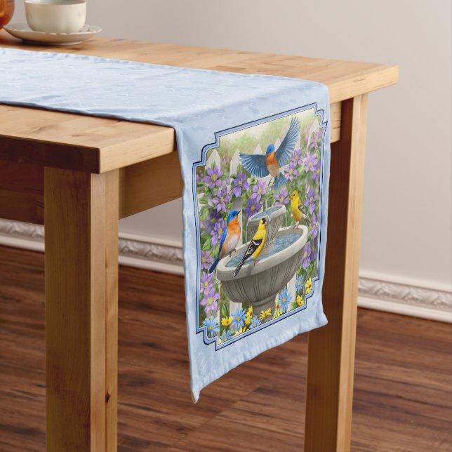 Bluebirds Goldfinches Flower Garden Fountain Blue Medium Table Runner (In Situ)