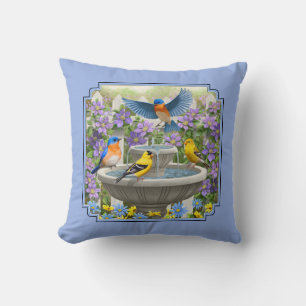 Bluebirds Goldfinches Flower Garden Fountain Blue Throw Pillow
