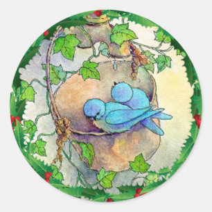 BLUEBIRDS, HOLLY & IVY by SHARON SHARPE Classic Round Sticker