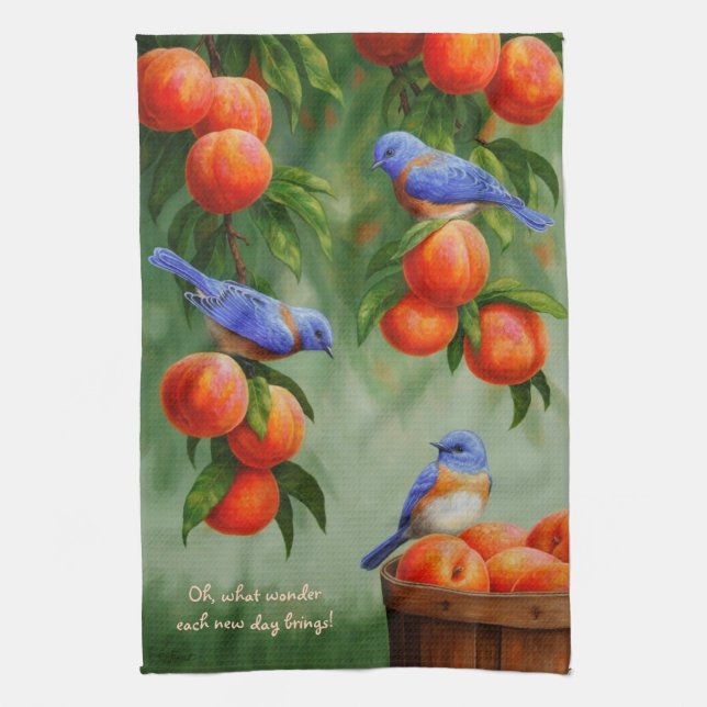 Bluebirds in a Peach Tree Orchard Kitchen Towel (Vertical)