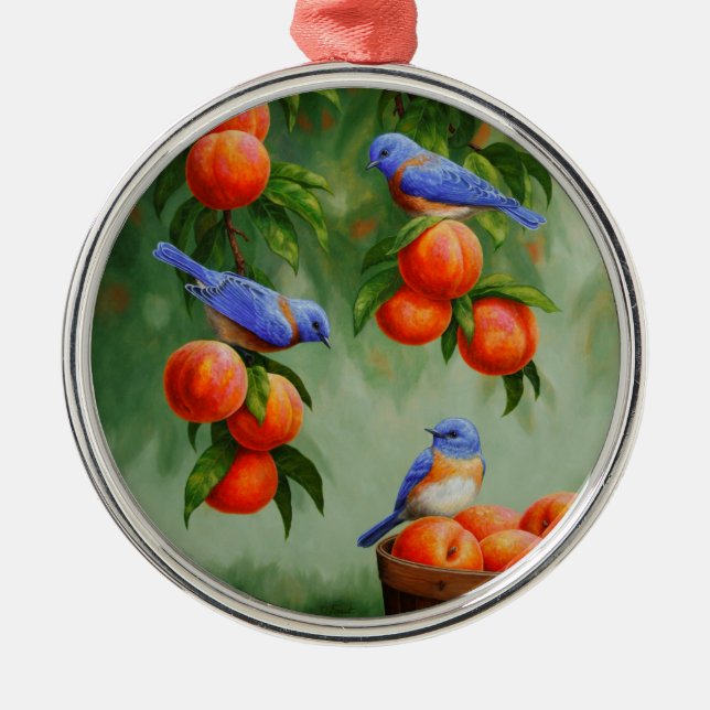 Bluebirds in a Peach Tree Orchard Metal Ornament (Front)