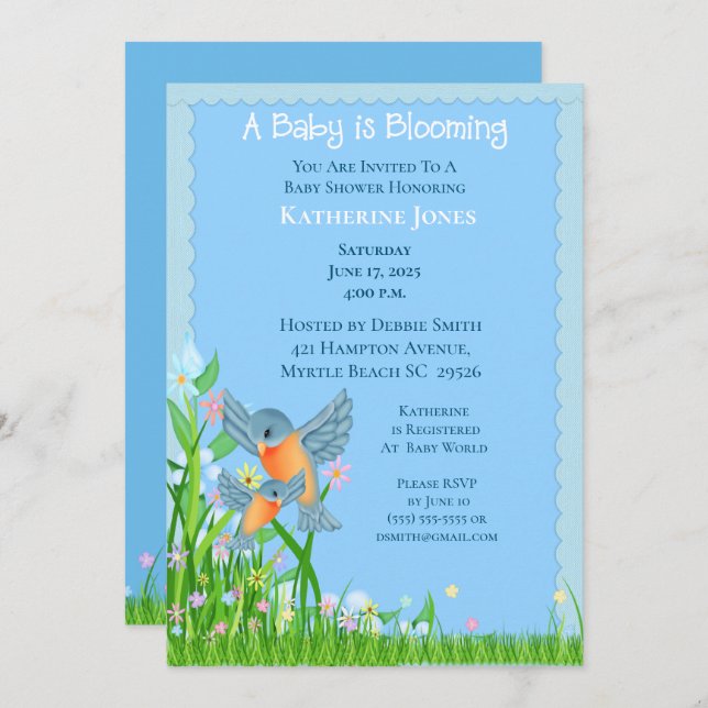 Bluebirds Mama et Bébé/Baby shower Invitation (Devant / Derrière)