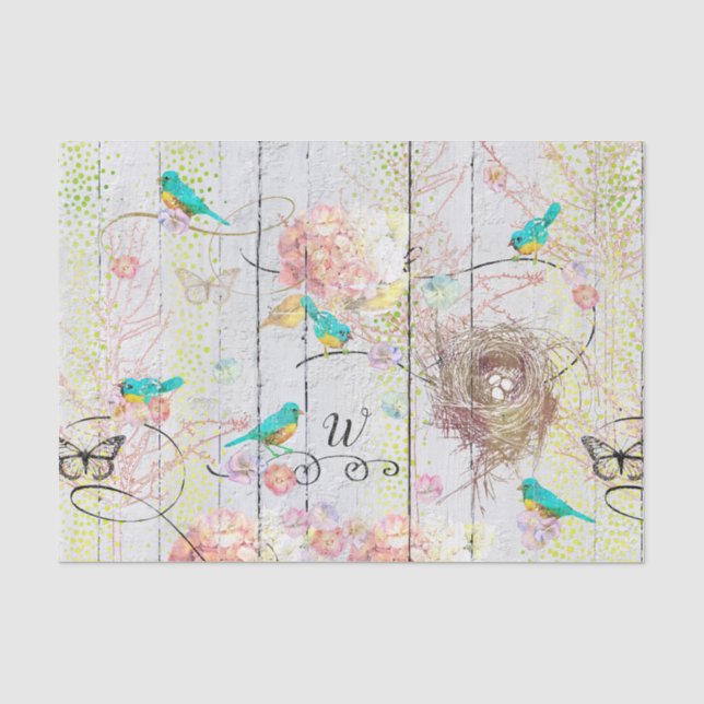 Bluebirds Nest Pink Hydrangea Floral Monogrammed Tissue Paper (Front)