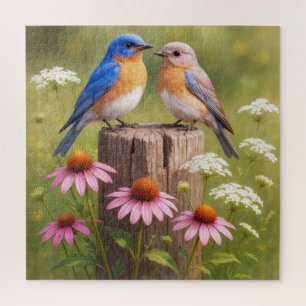 Bluebirds On a Fence Post Jigsaw Puzzle