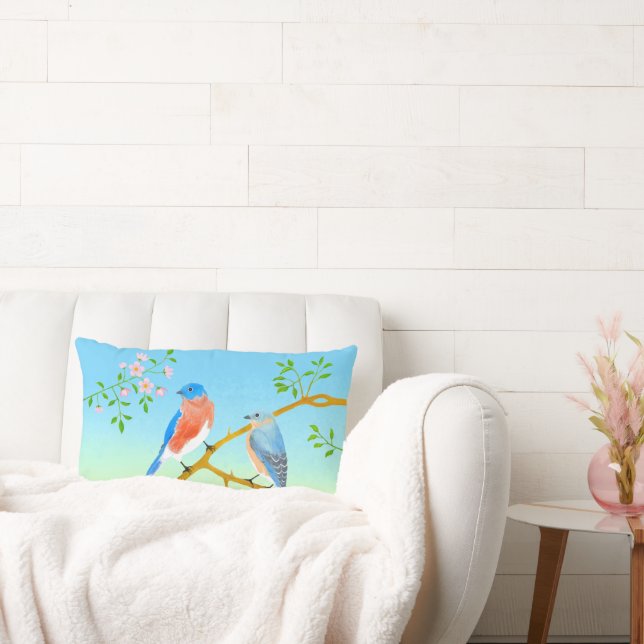 Bluebirds Pale Blue & Green Lumbar Pillow (Couch)