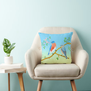 Bluebirds Pale Blue & Green Throw Pillow