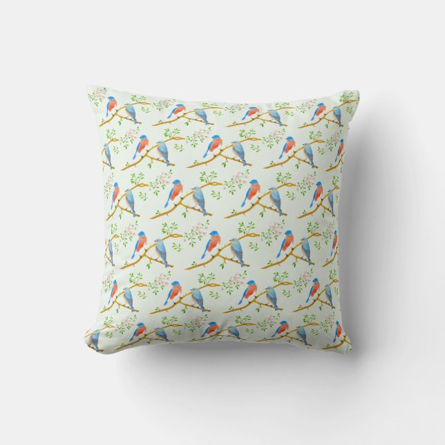 Bluebirds Pale Green Throw Pillow (Front)