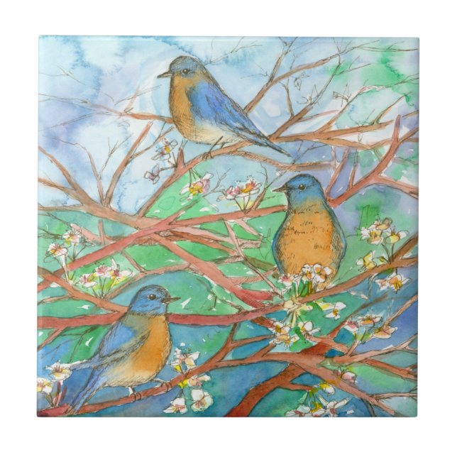 Bluebirds Spring Tree White Watercolor Flowers Tile (Front)