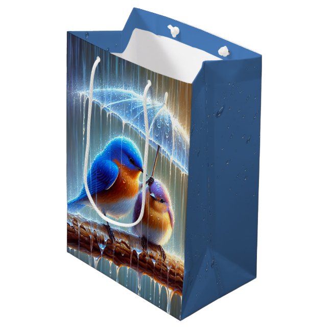 Bluebirds Under an Umbrella Birthday Medium Gift Bag (Front Angled)
