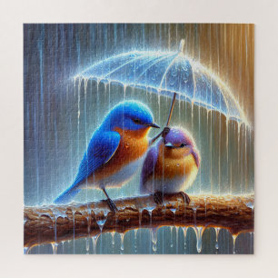 Bluebirds Under An Umbrella Jigsaw Puzzle