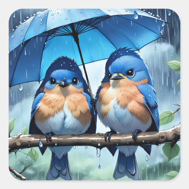 Bluebirds Under an Umbrella Square Sticker (Front)