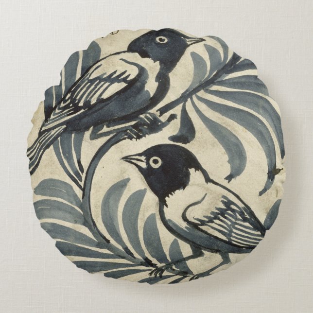 Bluebirds (w/c on paper) round pillow (Front)