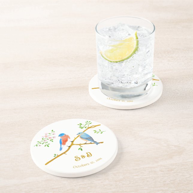 Bluebirds Wedding Round Stone Coasters (Side)