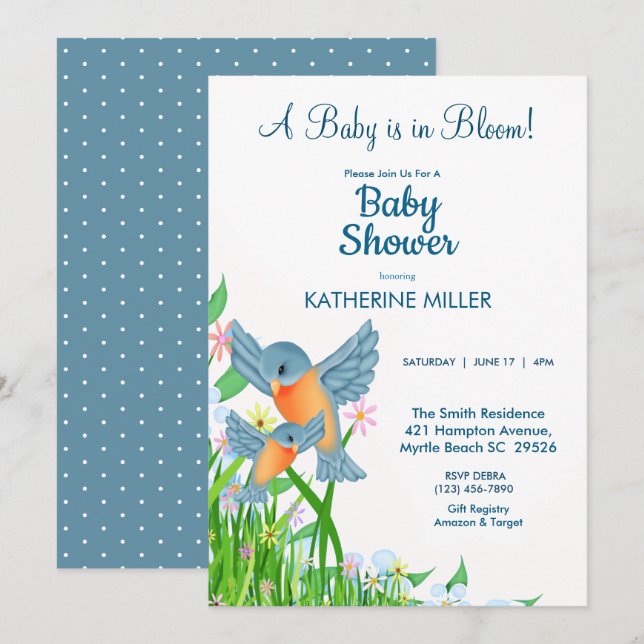  Bluebirds Wildflowers Baby Shower    Invitation (Front/Back)