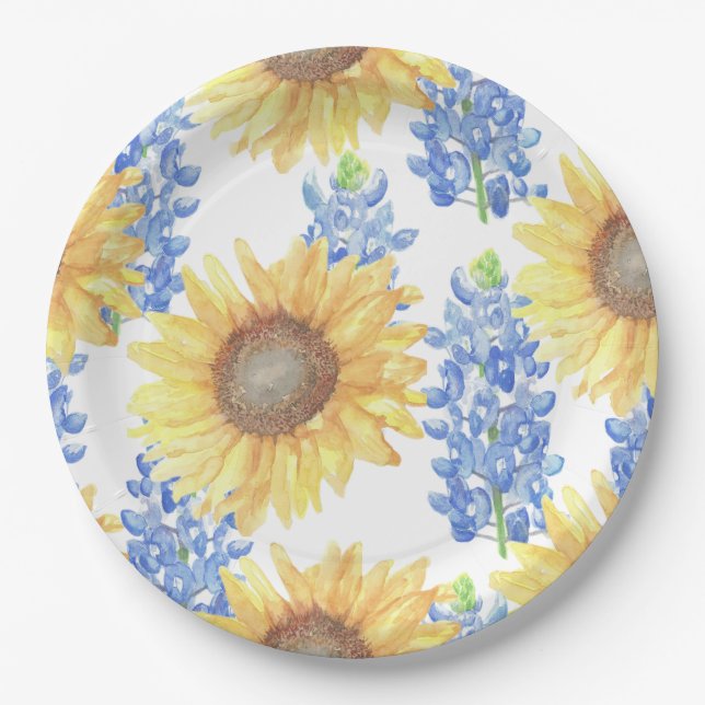 Bluebonnet and Sunflower Paper Plate (Front)