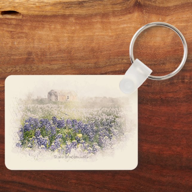 Bluebonnet Field Sketched Watercolor Keychain (Front)