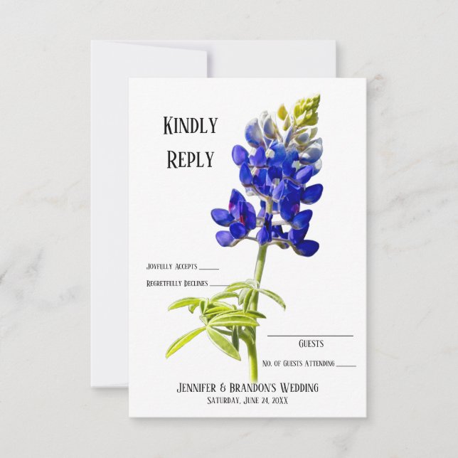 Bluebonnet Floral on White, Wedding RSVP, Thank You Card (Front)