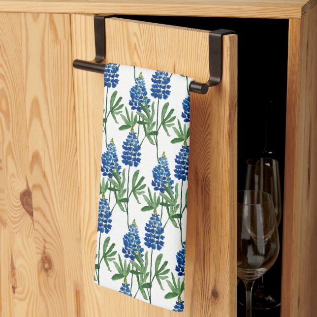 Bluebonnet Texas Wildflower Watercolor Pattern Kitchen Towel (Thirds Fold)