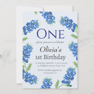 Bluebonnets 1st First Birthday Blue Floral Invitation