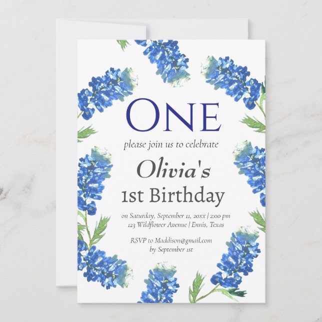 Bluebonnets 1st First Birthday Blue Floral  Invitation (Front)
