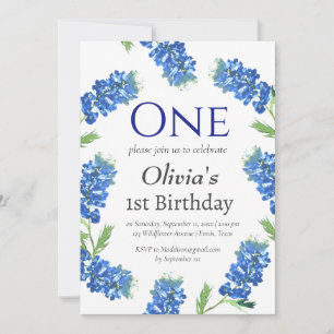 Bluebonnets 1st First Birthday Blue Floral Invitation