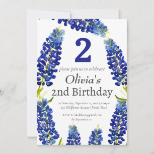 Bluebonnets 2nd Second Birthday Blue Floral  Invitation