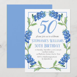 Bluebonnets 50th Birthday Blue Floral Texas Invitation