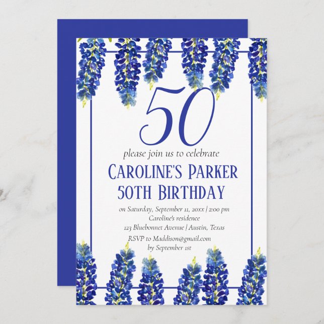 Bluebonnets 50th Birthday Blue Floral Texas Invitation (Front/Back)