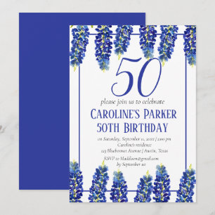 Bluebonnets 50th Birthday Blue Floral Texas Invitation