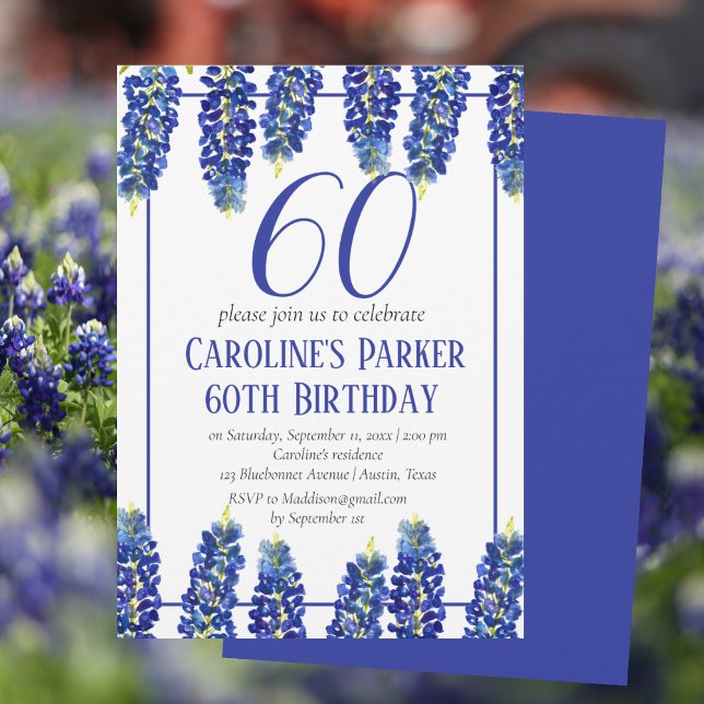 Bluebonnets 60th Birthday Blue Floral Texas Invitation (Creator Uploaded)