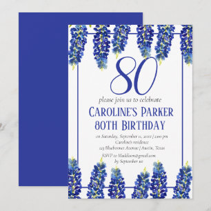 Bluebonnets 80th Birthday Blue Floral Texas Invitation